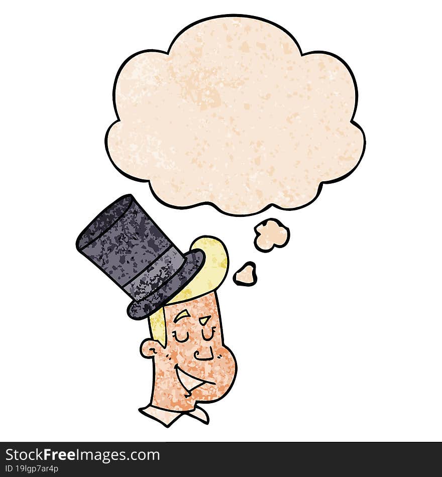 cartoon man wearing top hat with thought bubble in grunge texture style. cartoon man wearing top hat with thought bubble in grunge texture style