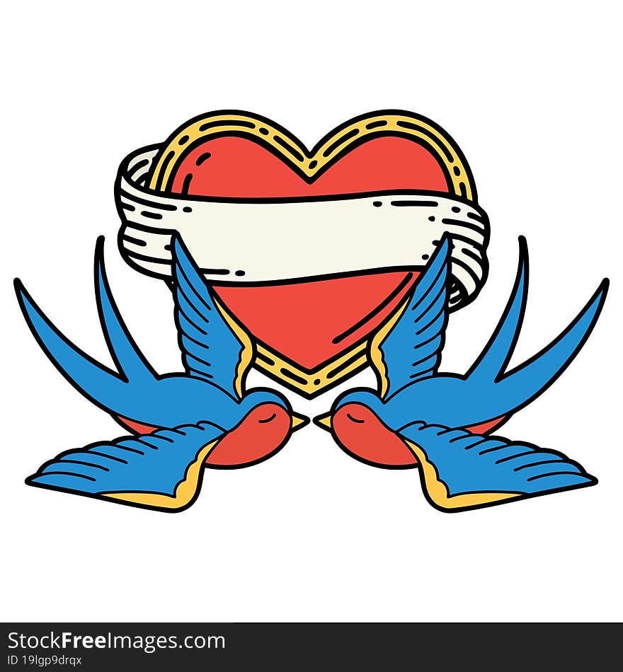 tattoo in traditional style of swallows and a heart with banner. tattoo in traditional style of swallows and a heart with banner