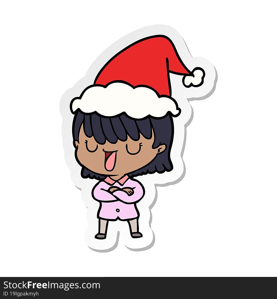 hand drawn sticker cartoon of a woman wearing santa hat