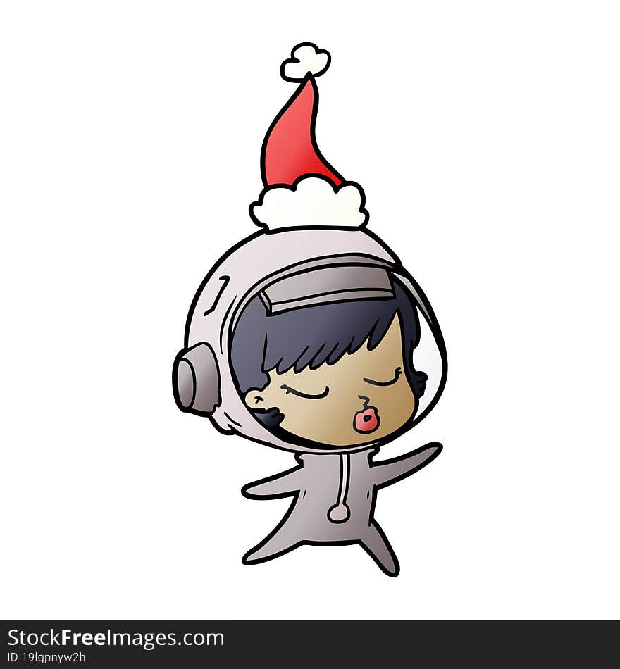 hand drawn gradient cartoon of a pretty astronaut girl wearing santa hat