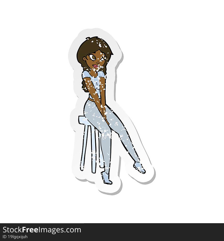 retro distressed sticker of a cartoon pretty girl on stool