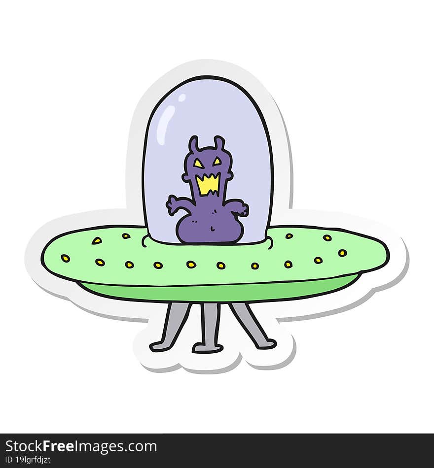 sticker of a cartoon alien in flying saucer