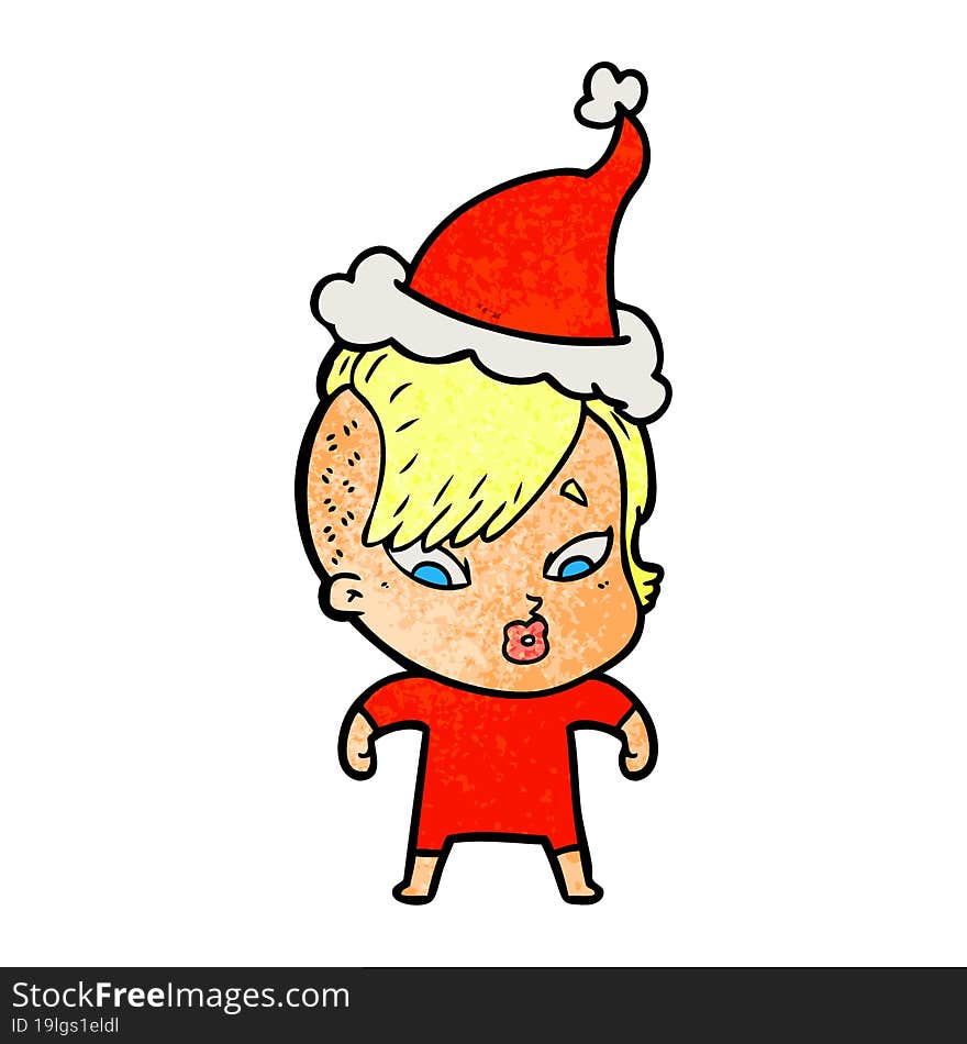 textured cartoon of a surprised girl wearing santa hat