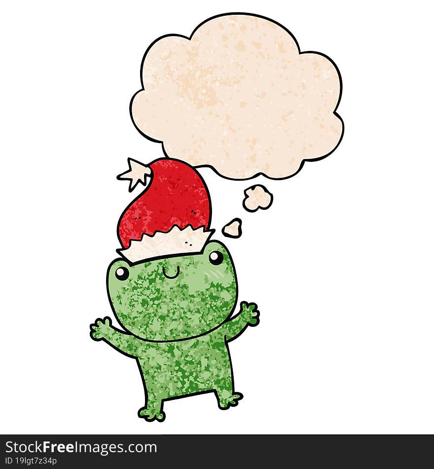 cute cartoon frog wearing christmas hat and thought bubble in grunge texture pattern style