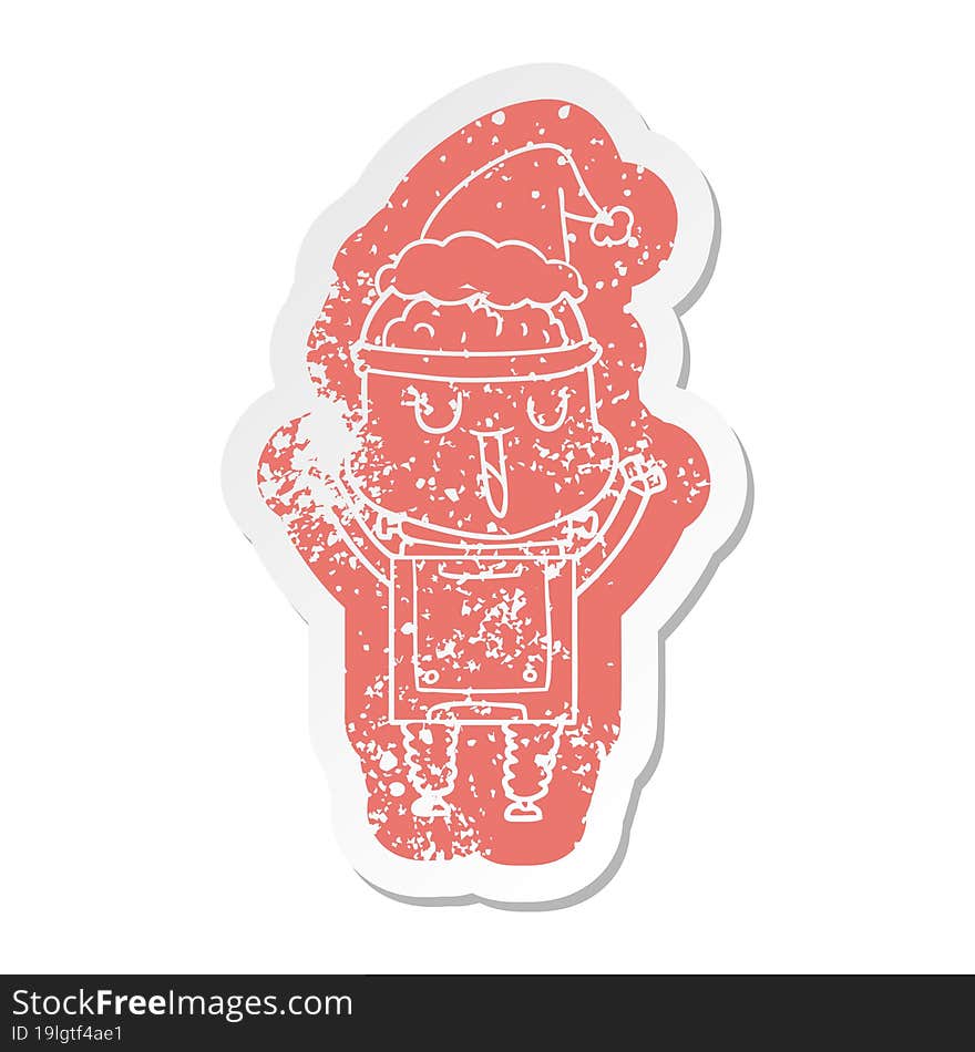 happy quirky cartoon distressed sticker of a robot wearing santa hat