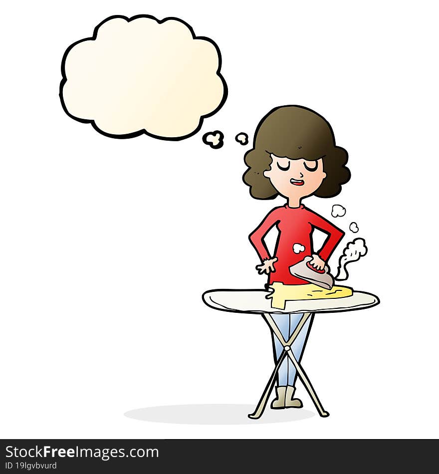 cartoon woman ironing with thought bubble