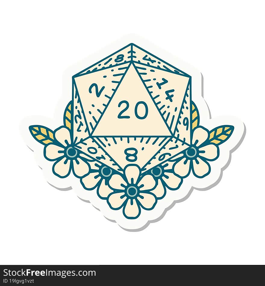 sticker of a natural 20 D20 dice roll with floral elements. sticker of a natural 20 D20 dice roll with floral elements