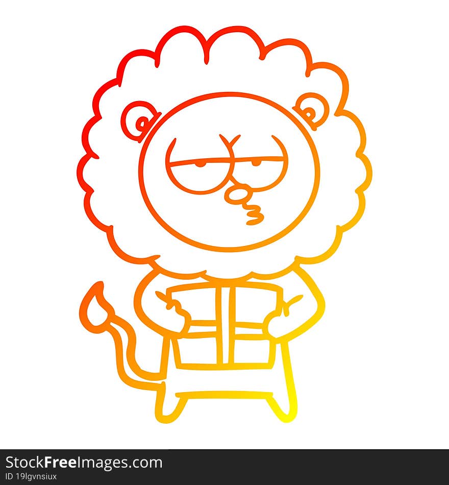 warm gradient line drawing cartoon bored lion with present