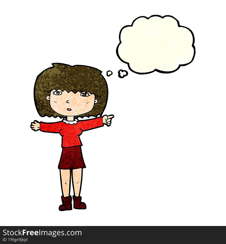 cartoon girl pointing with thought bubble