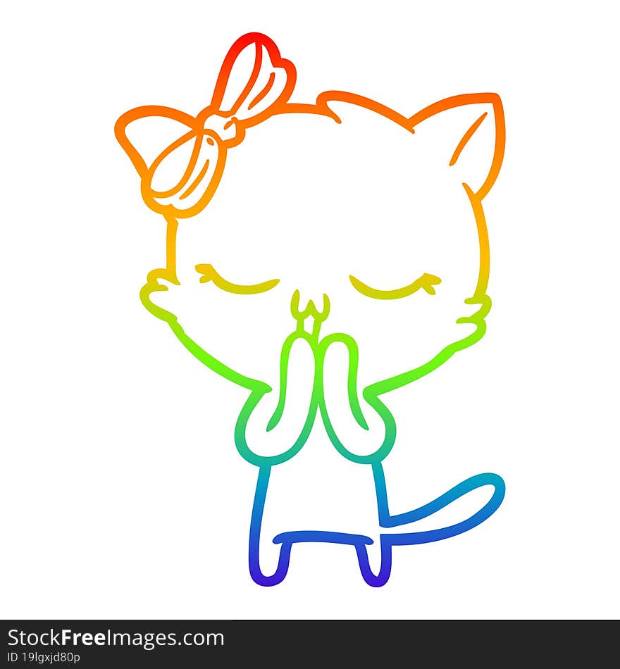 rainbow gradient line drawing cartoon cat with bow on head