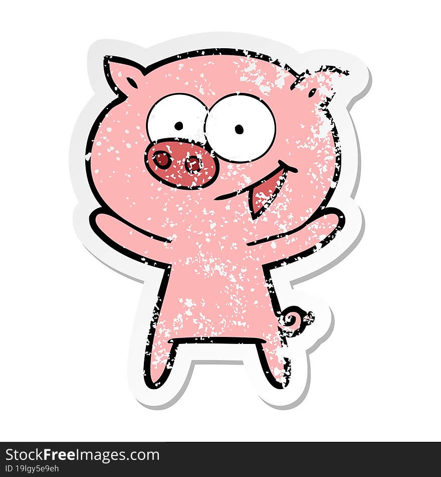 distressed sticker of a cheerful pig cartoon