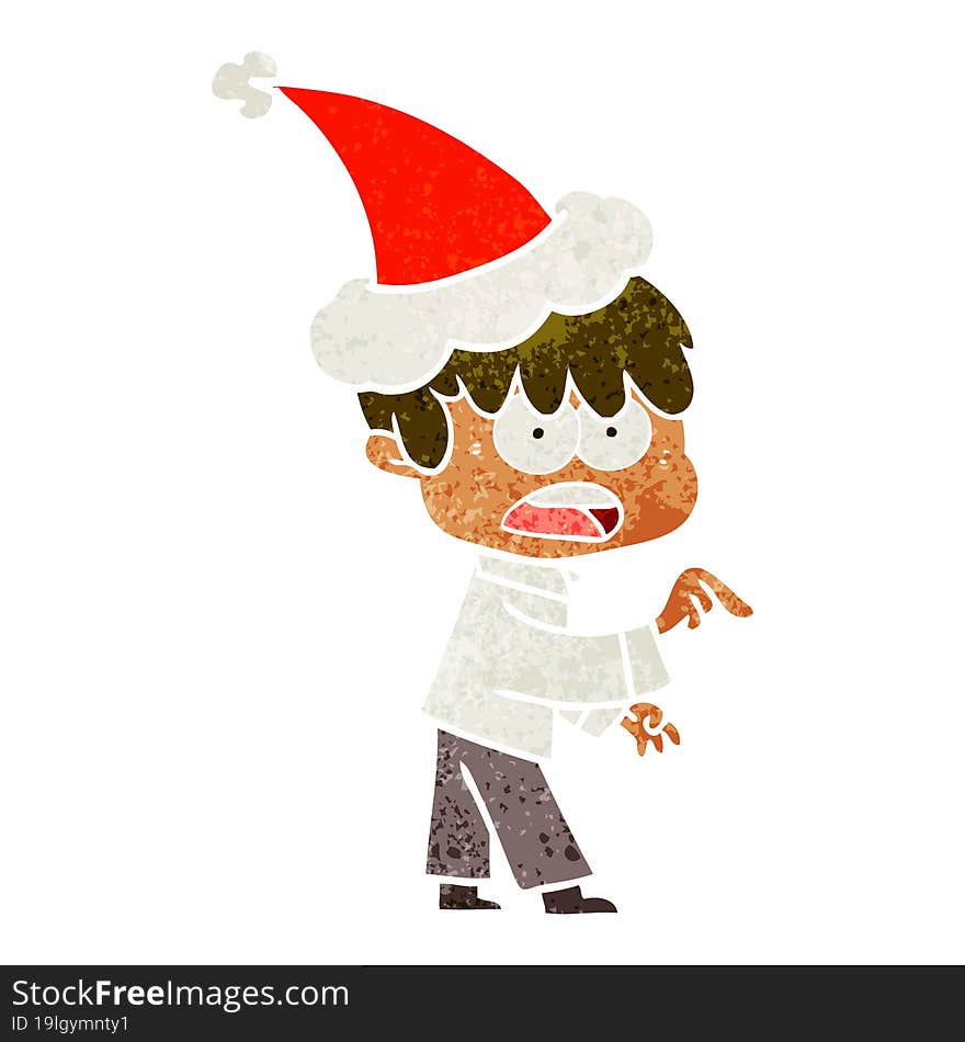 worried retro cartoon of a boy wearing santa hat