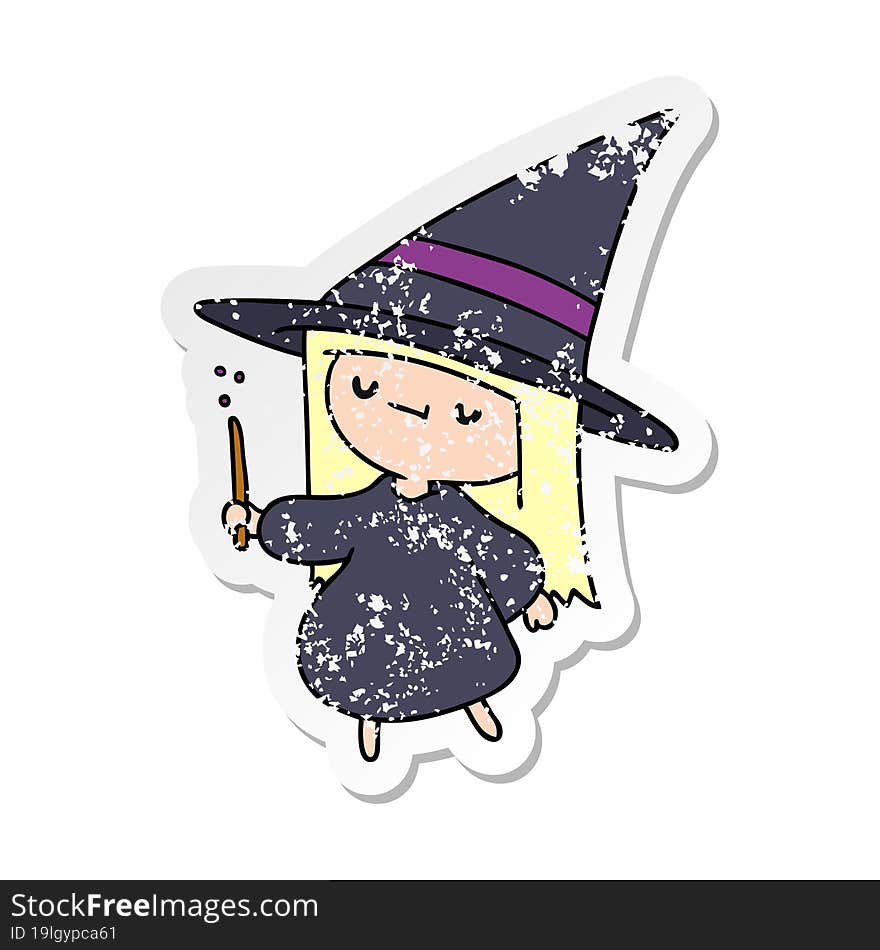 distressed sticker cartoon of a cute kawaii witch girl