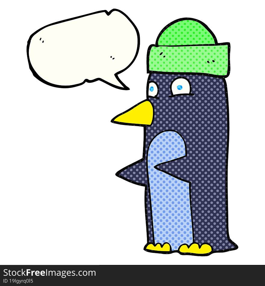 freehand drawn comic book speech bubble cartoon penguin wearing hat