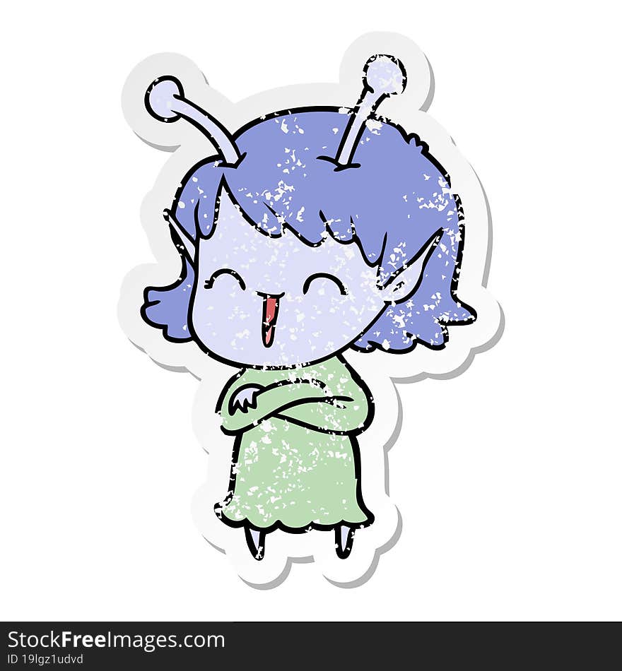 distressed sticker of a cartoon alien girl laughing