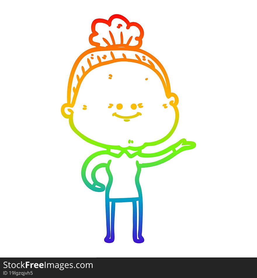 rainbow gradient line drawing of a cartoon happy old woman