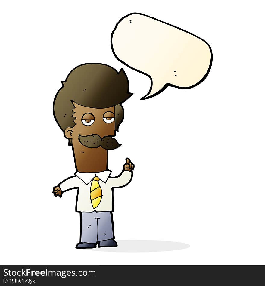 cartoon man with mustache explaining with speech bubble