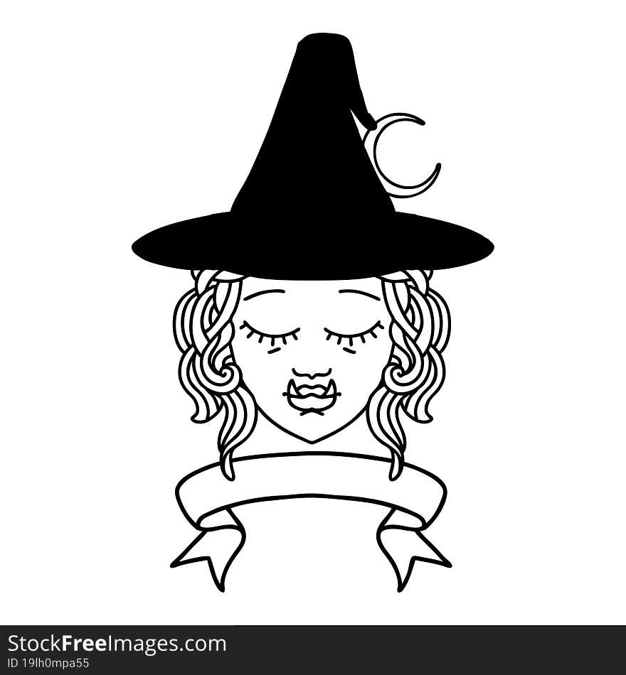 Black and White Tattoo linework Style half orc witch character face with banner. Black and White Tattoo linework Style half orc witch character face with banner