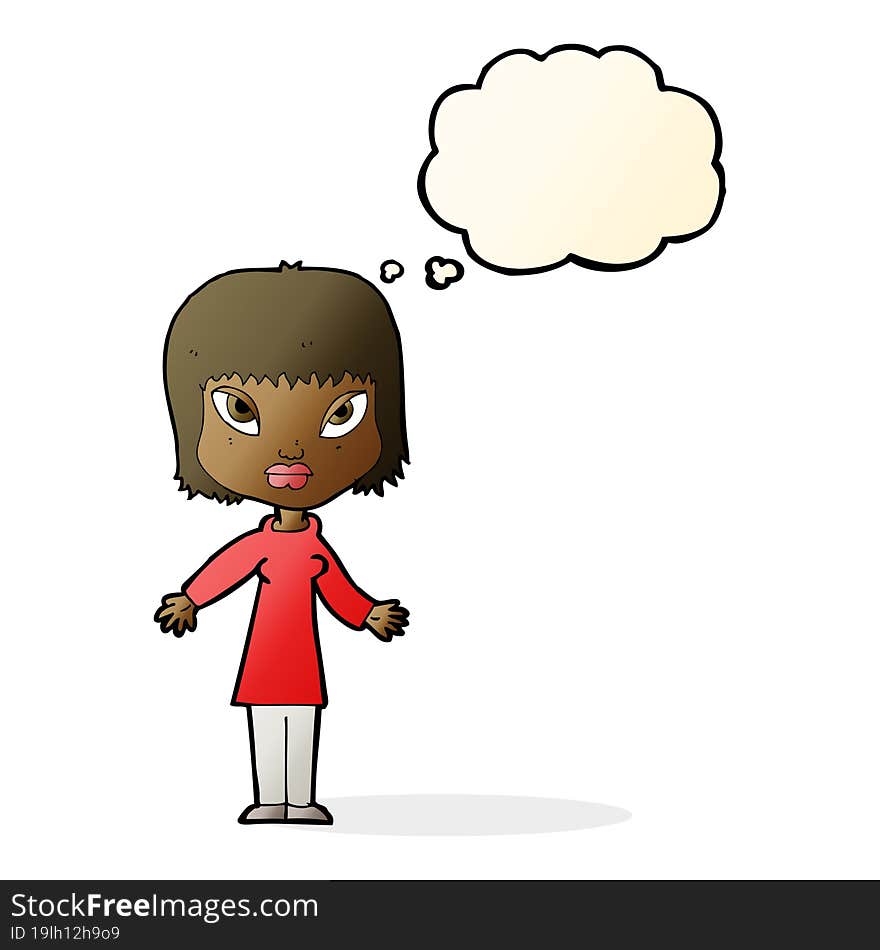 cartoon woman with open arms with thought bubble