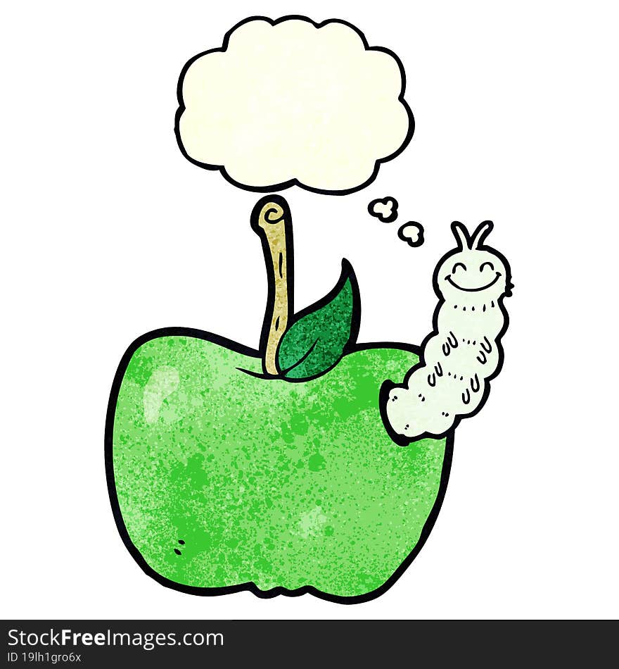 cartoon apple with bug with thought bubble