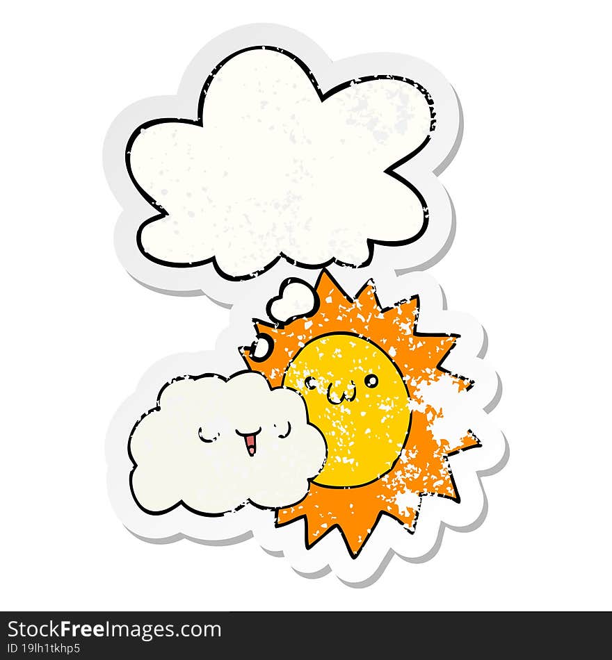 cartoon sun and cloud with thought bubble as a distressed worn sticker