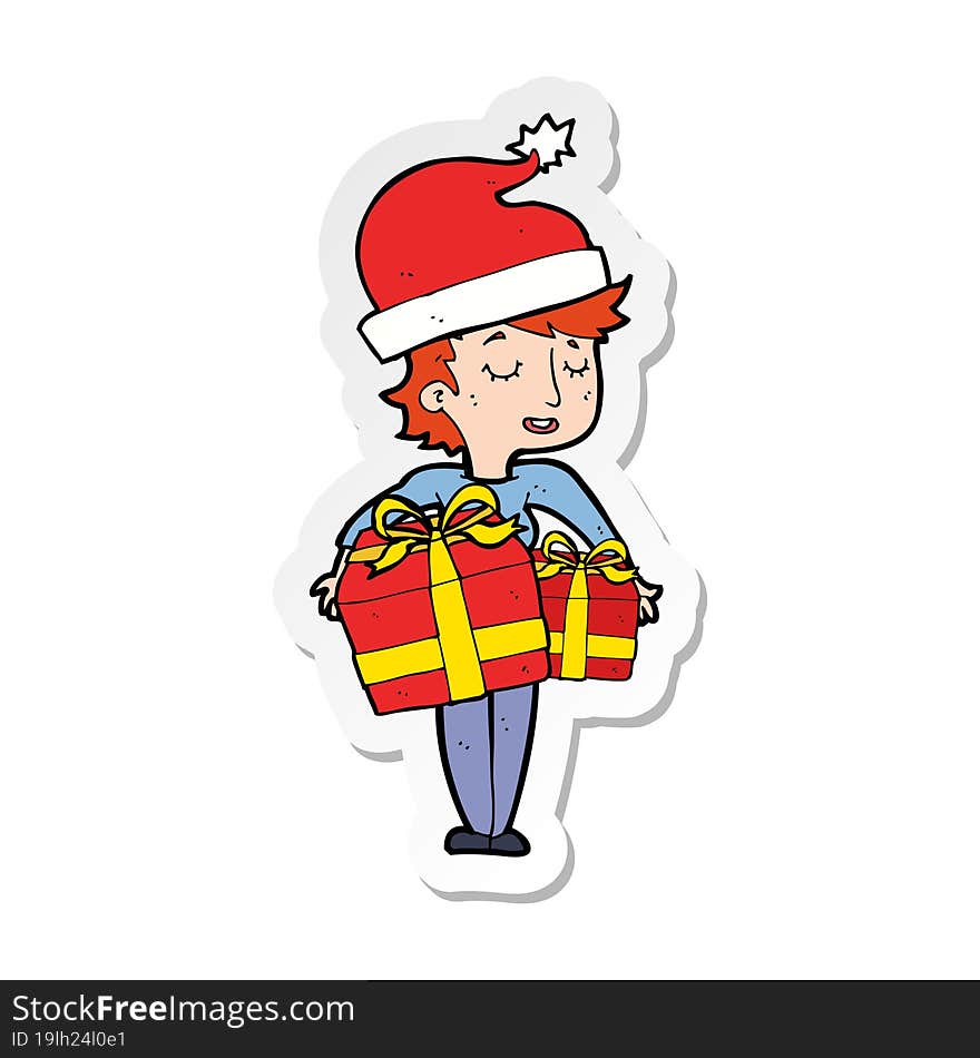 sticker of a cartoon woman with gifts