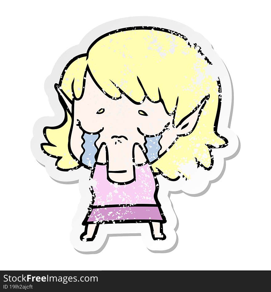 Distressed Sticker Of A Cartoon Crying Elf Girl