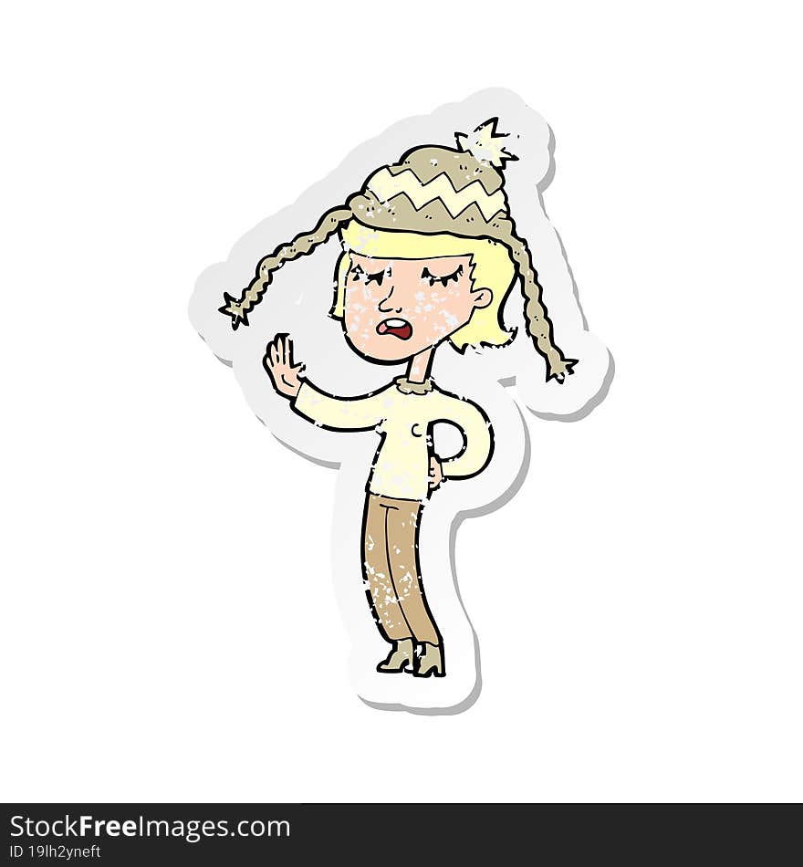 Retro Distressed Sticker Of A Cartoon Woman Wearing Winter Hat