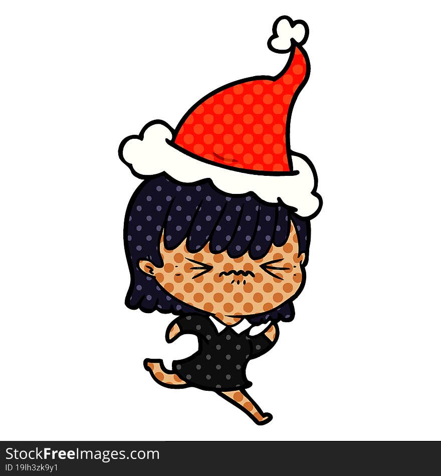 annoyed comic book style illustration of a girl wearing santa hat