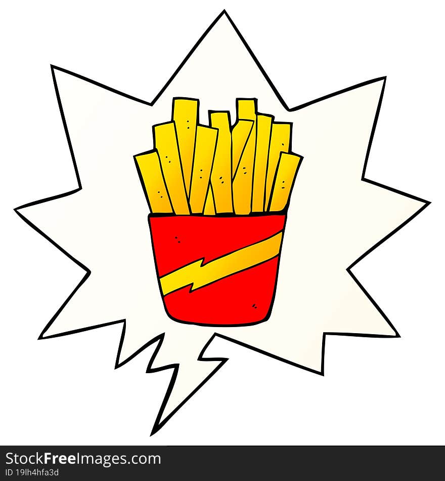 cartoon box of fries and speech bubble in smooth gradient style