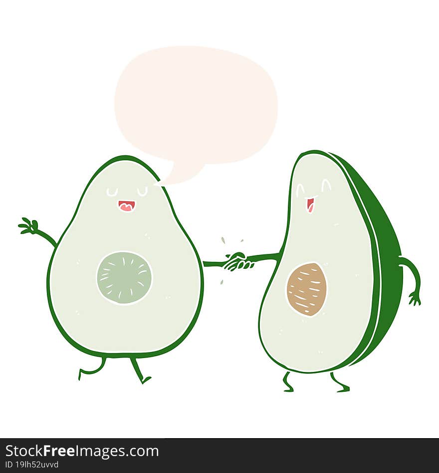 cartoon dancing avocados and speech bubble in retro style