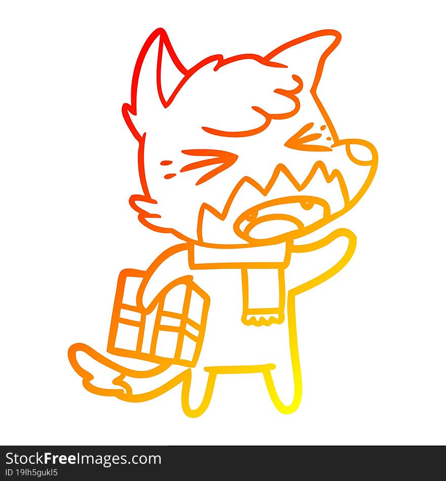 warm gradient line drawing angry cartoon fox with gift