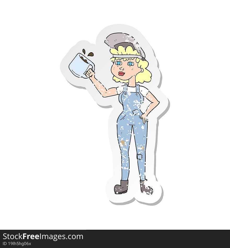 Retro Distressed Sticker Of A Cartoon Woman In Dungarees