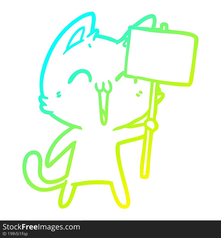 cold gradient line drawing of a happy cartoon cat