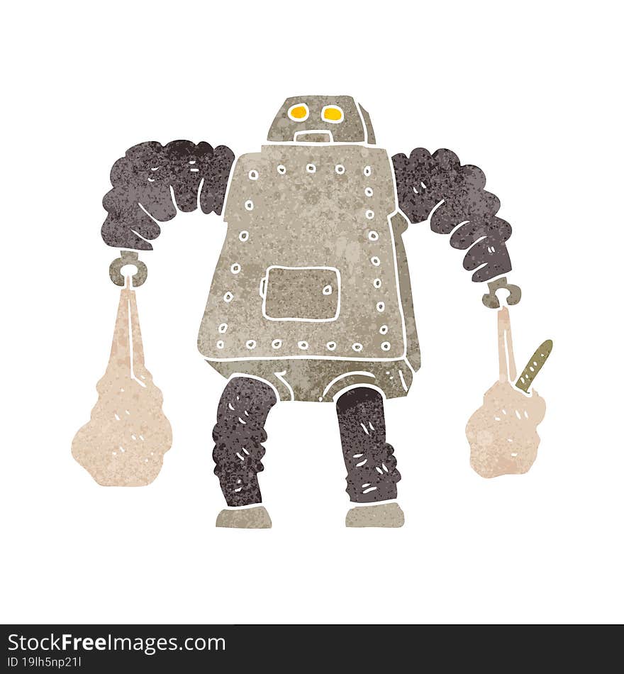 retro cartoon robot carrying shopping