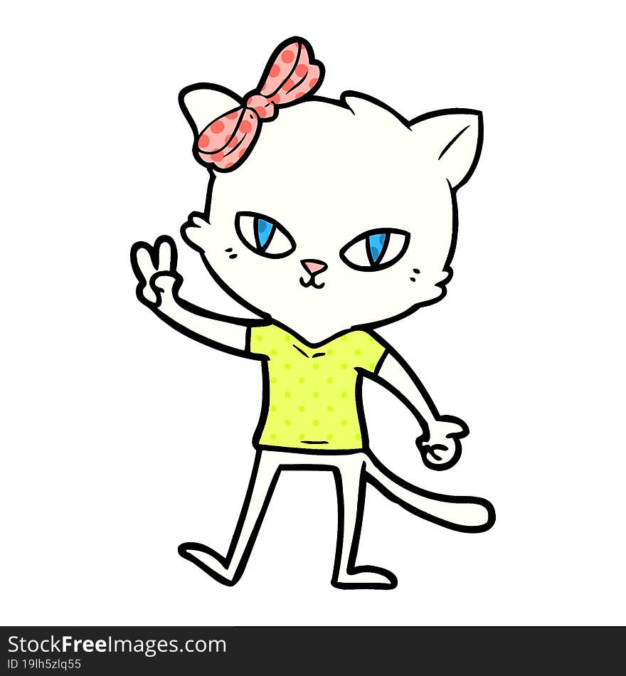 cute cartoon cat girl giving peace sign. cute cartoon cat girl giving peace sign