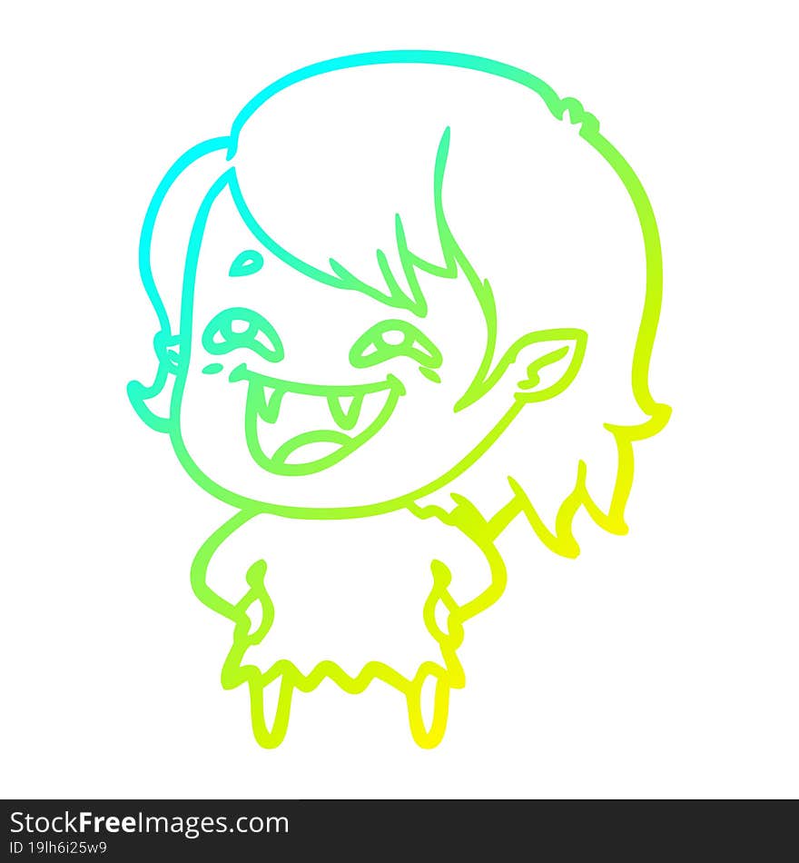 cold gradient line drawing of a cartoon laughing vampire girl