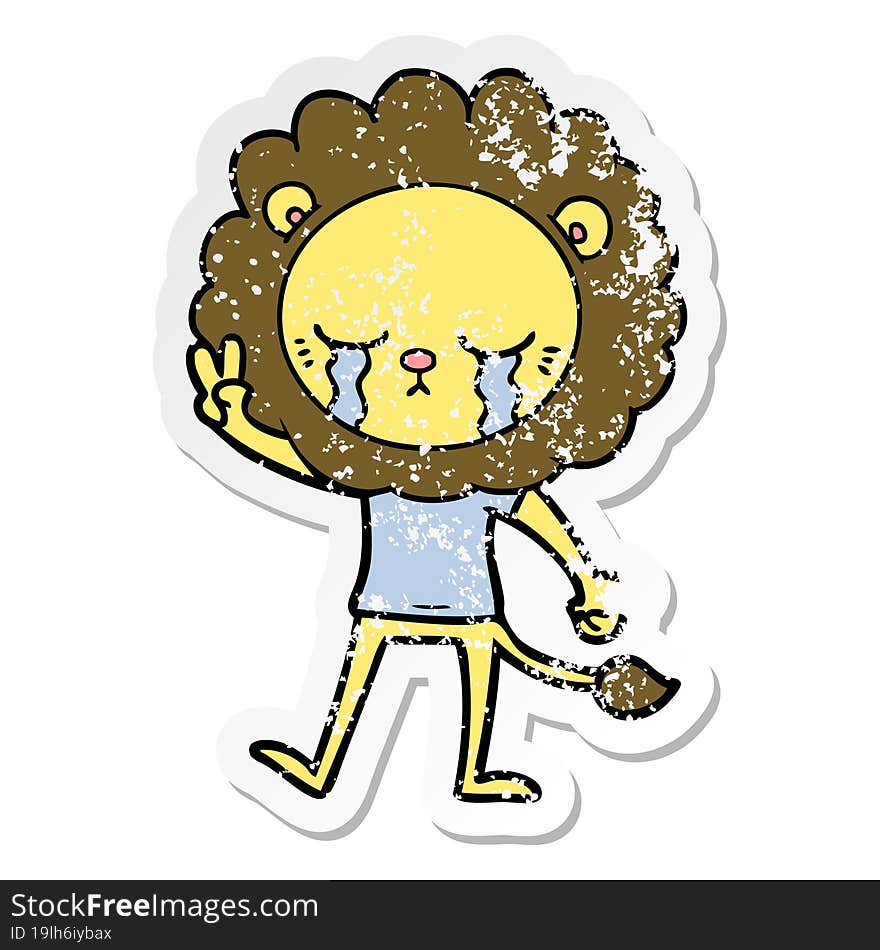 distressed sticker of a crying cartoon lion