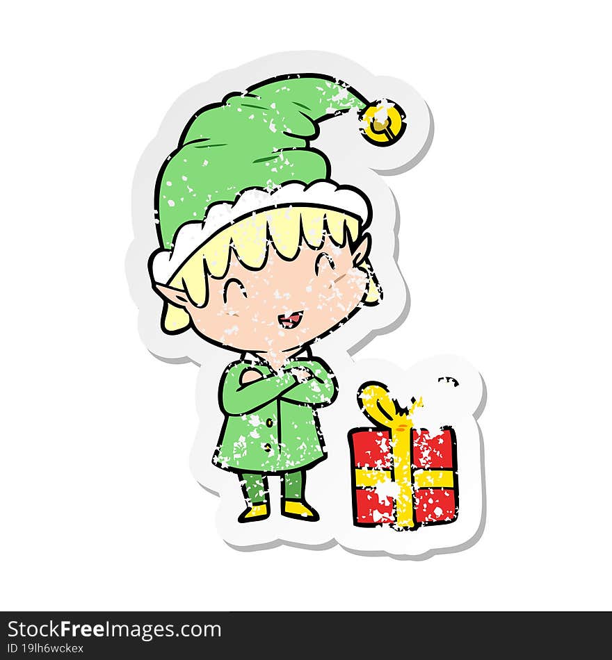 distressed sticker of a cartoon happy christmas elf