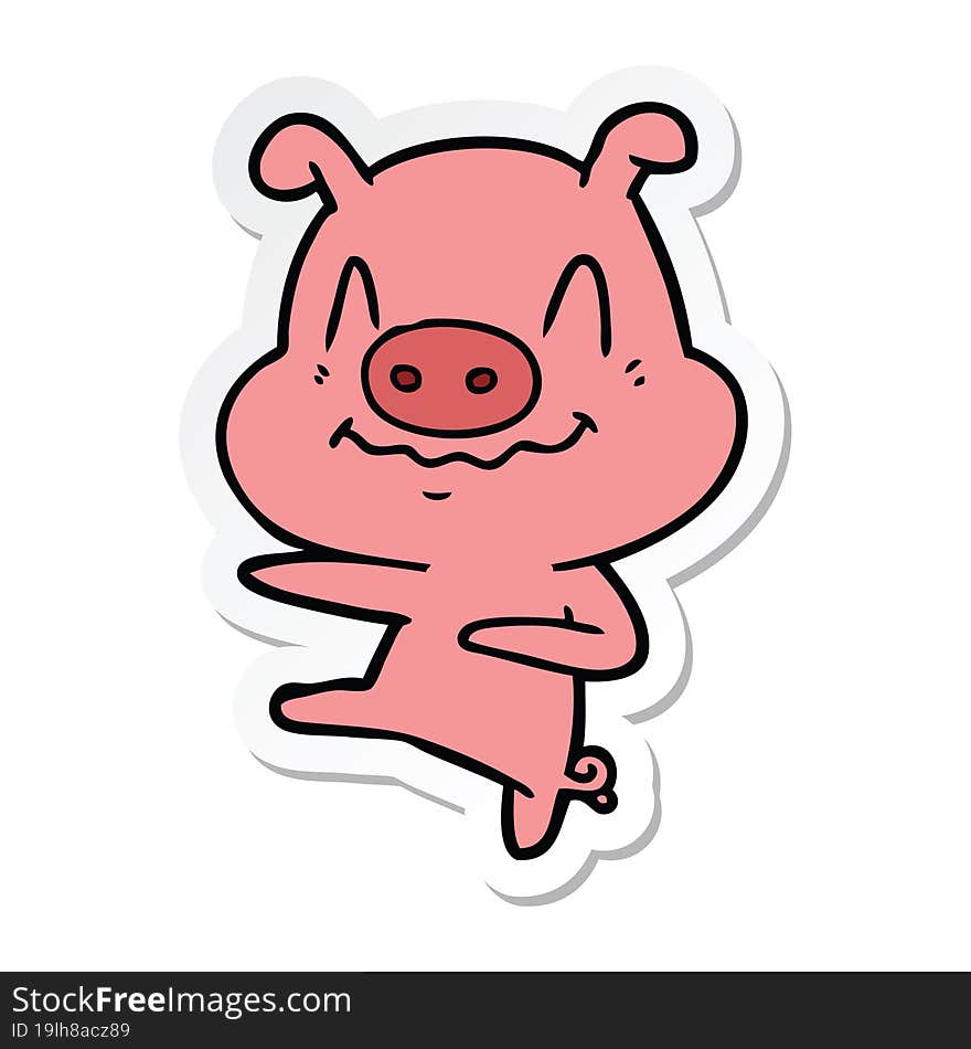 sticker of a nervous cartoon pig dancing