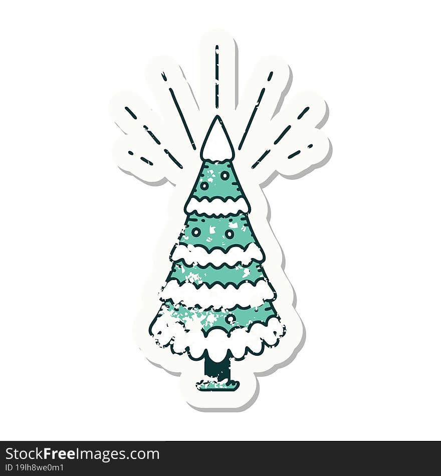 grunge sticker of tattoo style snow covered pine tree