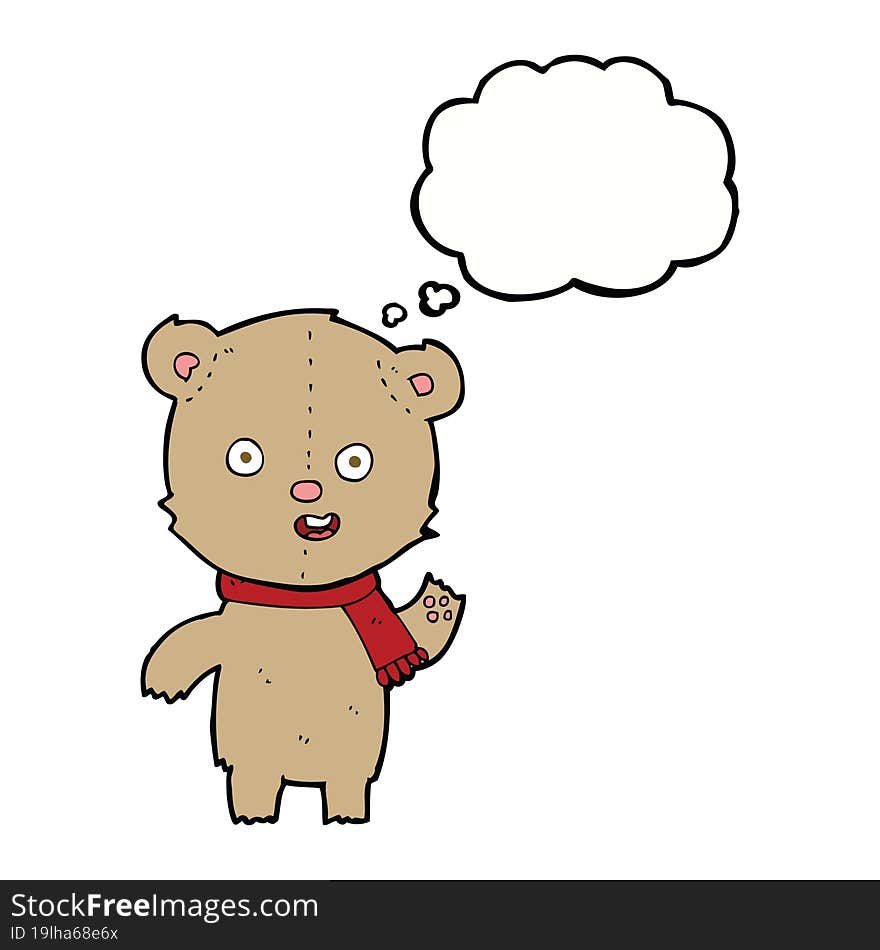 cartoon waving teddy bear with scarf with thought bubble