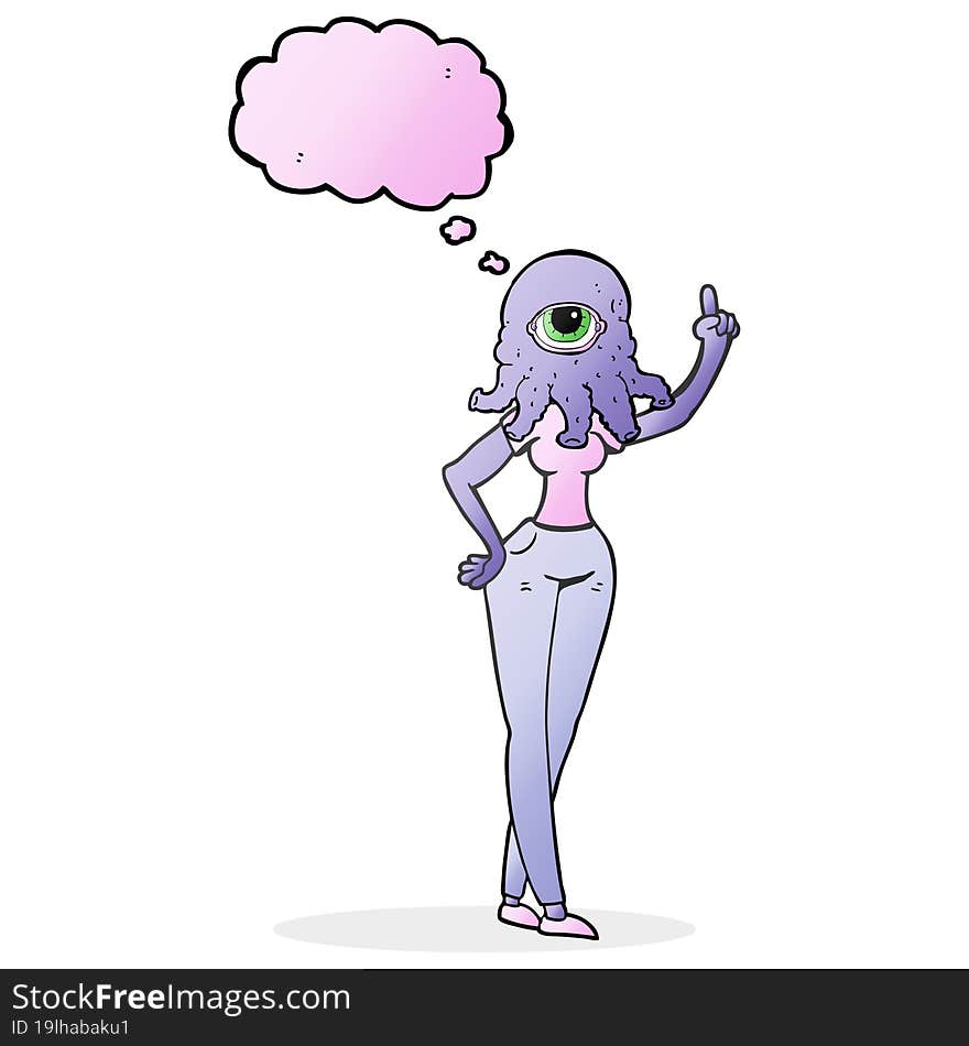 thought bubble cartoon female alien with raised hand