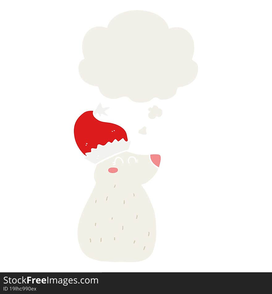 cartoon bear wearing christmas hat and thought bubble in retro style