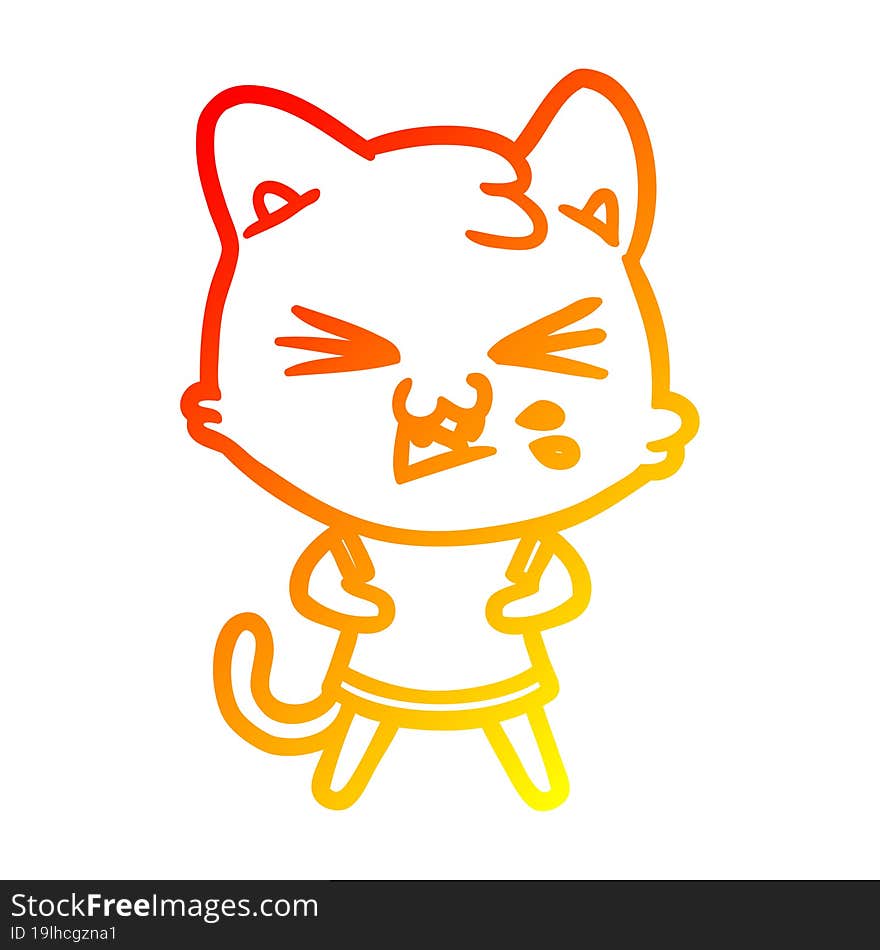 warm gradient line drawing of a cartoon cat hissing