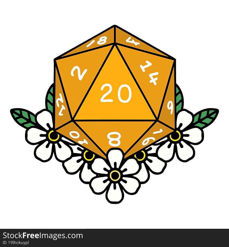 natural 20 D20 dice roll with floral elements illustration