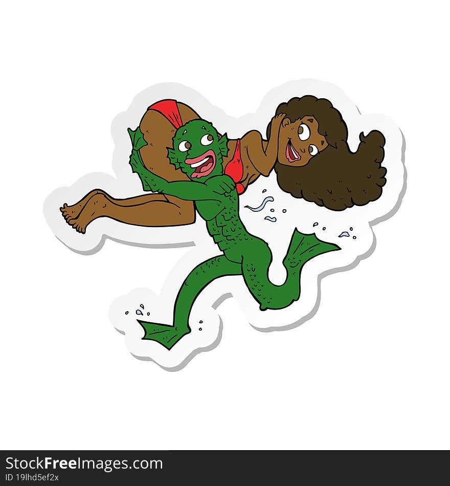 sticker of a cartoon swamp monster carrying girl in bikini