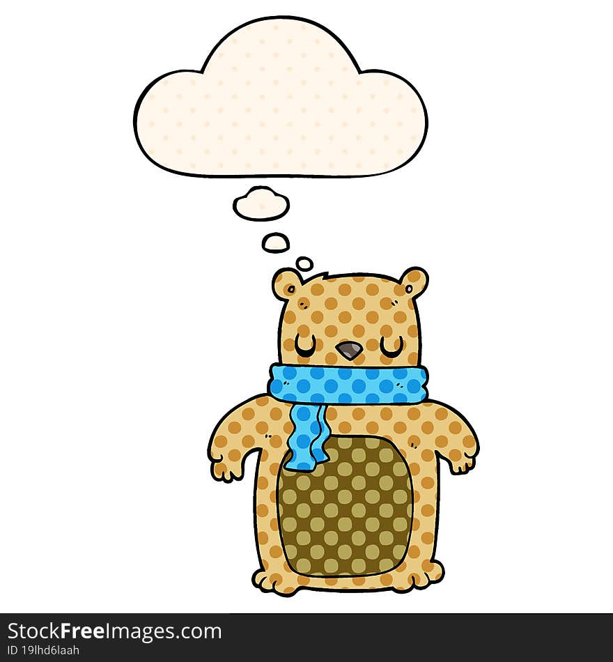 cartoon bear with scarf and thought bubble in comic book style