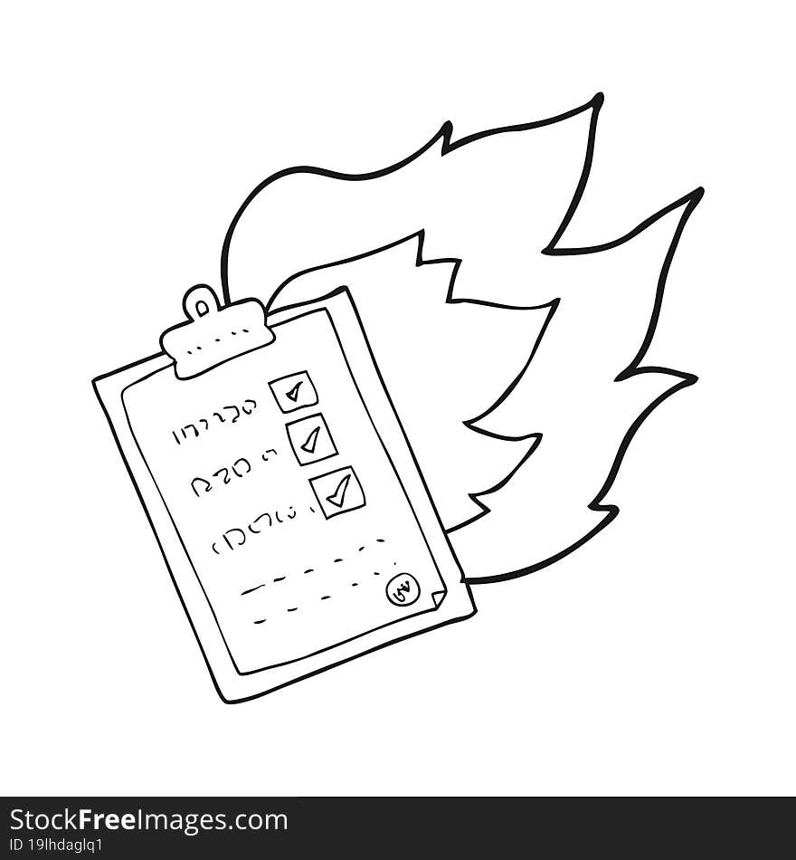 freehand drawn black and white cartoon checklist burning