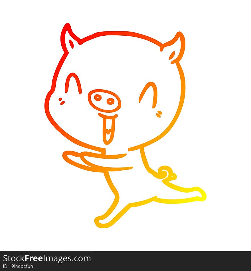 warm gradient line drawing of a happy cartoon pig running